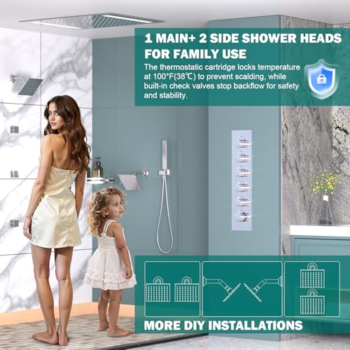 HOMEDEC Multi-Function Shower System with 14x20" LED and Dual 6" Shower Heads, 5-Way Valve Ceiling and Wall Mounted Shower Faucet Set, Chrome - color: Chrome, style: 5-Way + 2x 6" Top