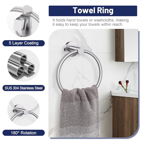 Brushed Nickel Bathroom Hardware Set, 4-Piece Towel Holder Set Include Double Bases Toilet Paper Holder,Towel Ring and 2 Towel Hooks Stainless Steel Wall Mounted Bathroom Hardware Accessories Set - color: Brushed Nickel, size: Set B