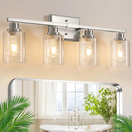 Ascher Bathroom Light Fixtures, 4-Light Vanity Lights with Clear Glass Shade, Modern Brushed Nickel Wall Light for Mirror Bedroom Hallway Cabinet Porch - color: Nickel, size: 4 Light