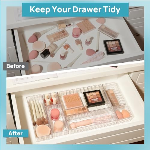Vtopmart 7 PCS Clear Makeup Drawer Organizers Bins, 4-Size Stackable Makeup and Vanity Organizer Trays, Acrylic Bathroom Storage Containers for Cosmetic, Toiletries, Office Supply, Utensils, Gadgets | Vanity Organizer Trays for Makeup, Cosmetics, Jewelry,