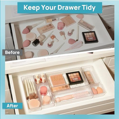 Vtopmart 7 PCS Clear Makeup Drawer Organizers Bins, 4-Size Stackable Makeup and Vanity Organizer Trays, Acrylic Bathroom Storage Containers for Cosmetic, Toiletries, Office Supply, Utensils, Gadgets | Vanity Organizer Trays for Makeup, Cosmetics, Jewelry,