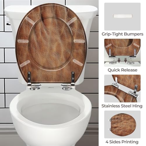 Round Resin Toilet Seat, Quietly Close Quick Release Hinges Cover | Toilet Lid Cover Easy to Clean and Install, Brown Veal Leather Crumpled Mottled Grunge Texture Heavy Duty Toilet Seat - color: pattern7, size: O-shape
