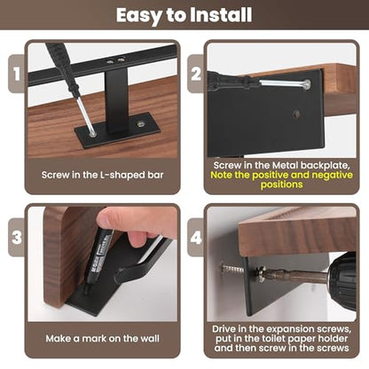 Double Toilet Paper Holder with Walnut Wood Shelf - Wall Mount & Self-Adhesive Bathroom Tissue Roll Holder, Black Stainless Steel with Walnut Shelf for Phone - Home Apartment Restroom - color: Walnut & Matte Black Double Hooks