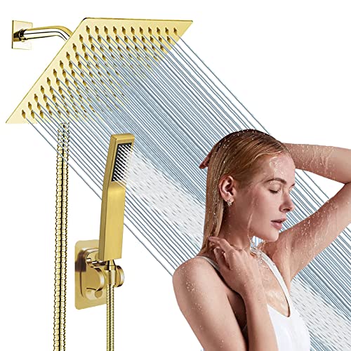 Gold High Pressure Square Rain Shower Head And All Metal Handheld Shower, Equipped With 78"Hose, 3 Way Diverter Valve,Adhesive Shower Head Holder, Luxury Shower Combo - color: Gold, size: 6