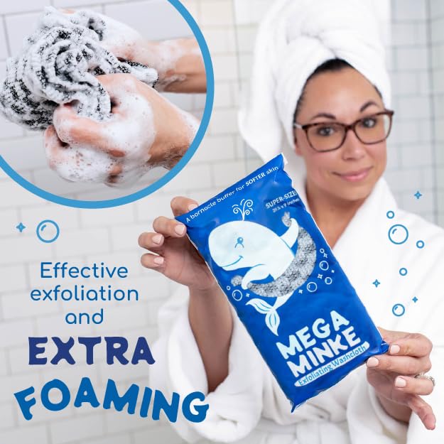 Mega Minke Exfoliating Body Scrubber Washcloth for Shower, Gray | Loofah alternative, 39.5x9 inch wash cloth, dead skin remover for hard-to-reach areas, use in shower and bath, rip-resistant