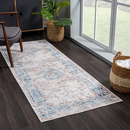 Bloom Rugs Caria Washable Non-Slip 7 ft Runner - Beige/Ocean Blue Traditional Runner for Entryway, Hallway, Bathroom, and Kitchen - Exact Size: 2'6" x 7' - color: Beige / Ocean Blue, size: 2'6" x 7' (Runner)