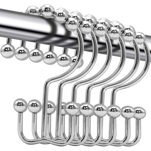 Shower Curtain Hooks,12 Pcs Rustproof Metal Shower Curtain Rings,Free Sliding Double Shower Hooks for Shower Curtain & Liners,Shower Curtain Hangers for Bathroom Shower Curtain Rods Curtains (Silver) - color: Silver