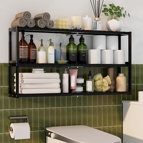 Extra Long Bathroom Organizer Storage Shelves 100% Bamboo Adjustable Height Over The Toilet Storage Floating Shelf for Wall Shower Shelf Can Placed in The Bathroom Kitchen Living Room for Multi Usage - color: Black Extra Long
