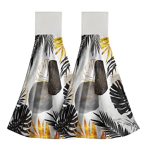 Giwawa Black and Gold Leaves Hanging Kitchen Towels 2 Pcs Tropical Palm Leaf Hand Towels Soft Tea Bar Dish Cloths Dry Towel for Bathroom Laundry - color: Black Gold Leaf