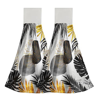 Giwawa Black and Gold Leaves Hanging Kitchen Towels 2 Pcs Tropical Palm Leaf Hand Towels Soft Tea Bar Dish Cloths Dry Towel for Bathroom Laundry - color: Black Gold Leaf