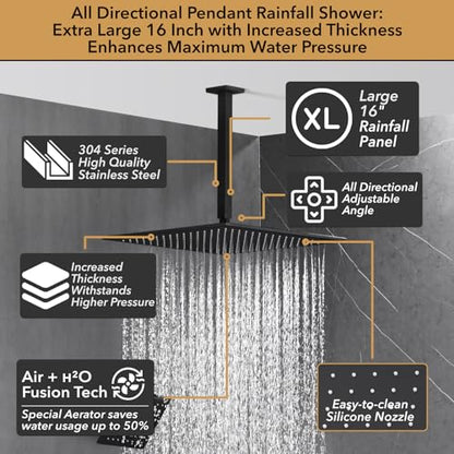 VANFOXLE Shower System, Matte Black Shower Faucet Set, Push Button Diverter | 16 Inch Ceiling Mount Rain Head, 6 Inch Wall Mount Head, 2-in-1 Handheld Sprayer, Solid Brass Valve, Rust Resistant - color: Matte Black, style: 16"+6" Head