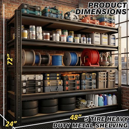5-Tier Heavy Duty Metal Storage Shelves, 3100 lbs Total Capacity, 48" W x 24" D x 72" H Adjustable Utility Shelving Unit for Garage, Basement, Warehouse & Commercial Kitchen - size: 48Wx24Dx72H