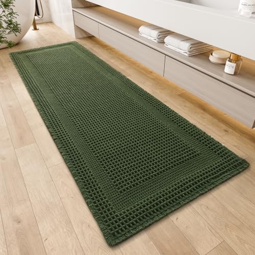 AMOAMI Waffle Bath-Mat, Absorbent Bath Mats for Bathroom Non Slip, Machine Washable Bathroom Rugs with Tassels Ultra Soft Boho Bath Rugs for Floor 2'x4'(24"x48") Dark Green - color: Dark Green, size: 24"x48"