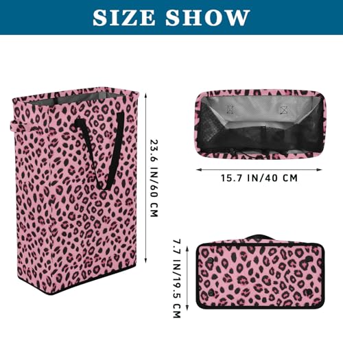 Pinks Leopard Cheetah Laundry Hamper Dirty Clothes Laundry Basket Bin for Bedroom Bathroom with Handles Slim Tall Collapsible Waterproof Freestanding 48L - color: Pinks Leopard cheetah
