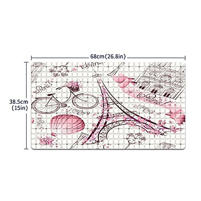 Bath Tub Mat Non Slip Shower Mat Paris Eiffel Tower Pink Retro Love Bike Hot Balloon Extra Long Bathtub Mat 26.8x15 inches Bathroom Bath Mat with Suction Cups Drain Holes Machine Washable