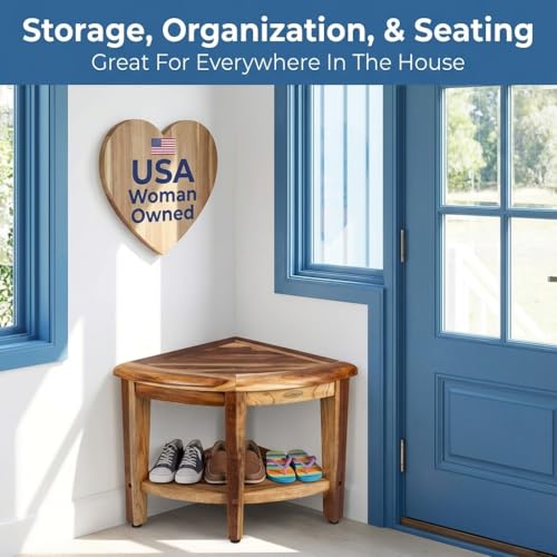 EcoDecors 18” Teak Corner Shower Stool –Waterproof Bench, Space-Saving Bathroom Seat | Compact Teak Shower Stool for Inside Shower | Sturdy 300 Pound Capacity with Shelf & Adjustable Feet | Corner teak shower bench supports up to 350 lb with adjustable no