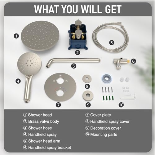 Iriber Thermostatic Shower System Wall Mount with 10 Inch Roud Rainfall Shower Head and Handheld,Shower Faucet Mixer Trim Kit (Valve Included),Brushed Nickel - color: Brushed Nickel 03