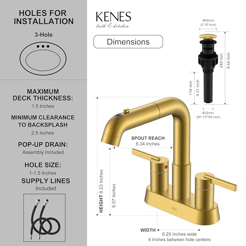 Pull Down Centerset Bathroom Faucet Brushed Gold 2 Handle 3 Hole | Pull Out Bathroom Faucet with Pop Up Drain & Supply Lines, Lead-Free cUPC & NSF Certified, 4 Inch Faucet for Vanity RV Sink - color: Brushed Gold
