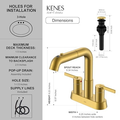 Pull Down Centerset Bathroom Faucet Brushed Gold 2 Handle 3 Hole | Pull Out Bathroom Faucet with Pop Up Drain & Supply Lines, Lead-Free cUPC & NSF Certified, 4 Inch Faucet for Vanity RV Sink - color: Brushed Gold