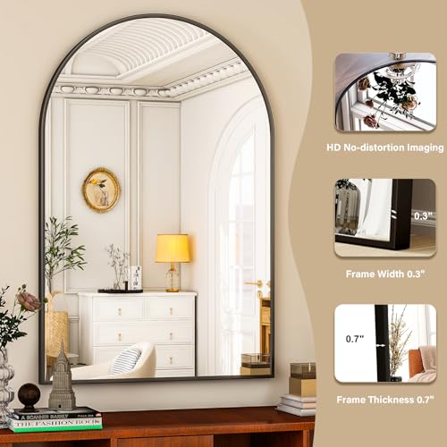 HARRITPURE 16"x24" Arched Bathroom Mirror - Black Wall Mounted Mirror - Black Arch Mirror - Aluminum Alloy Frame Bathroom Mirror Living Room, Bedroom, Bathroom and Entryway | Vanity Aluminum Alloy Frame Arch Wall Mirror for Living Room, Bedroom, Entryway