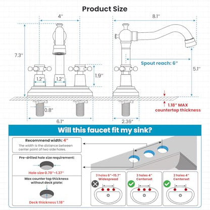 gotonovo 4 Inch Centerset Bathroom Faucet 2 Cross Handles Deck Mount 2 Hole Lavatory Vanity Utility Mixer Tap with Water Supply Hoses and Pop Up Drain RV Farmhouse, Brushed Gold - color: Brushed Gold
