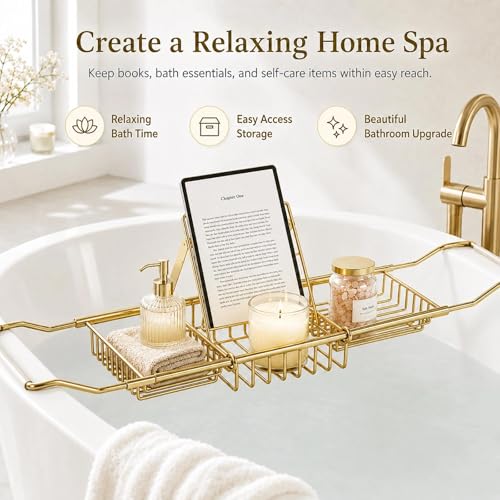 Bathtub Caddy Tray for Tub, Expandable Stainless Steel Bath Tray with Book Holder, Over Tub Organizer Rack for Tablet, Soap, Towel, Spa Bath Accessories(Rose Gold)
