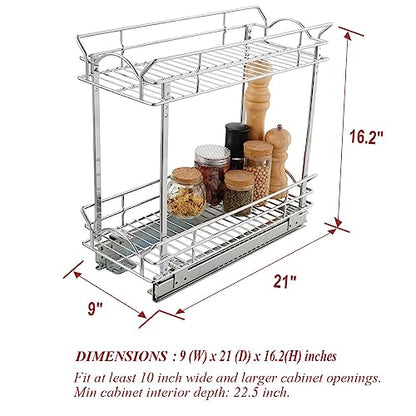 OCG Slide Out Cabinet Organizer for Narrow Cabinet (9" W X 21" D), 2 Tier Pull Out Shelves Slim Sliding Cabinet Organizer and Storage, Chrome - size: 9W21D