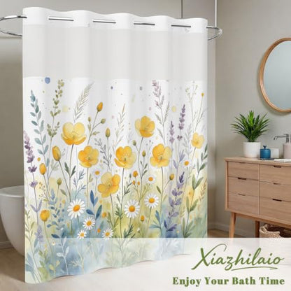 Watercolor Floral Shower Curtain with Snap in Liner, 71x74 Inch | No Hooks Needed, Mesh Top & Double Layer Waterproof Bath Curtain, Wildflower Botanical Design for Country Farmhouse Bathroom - color: Nature Flowers