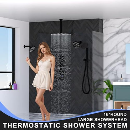 HOMEDEC 16inch Round Rain Shower System with Dual 6" Wall Mounted Shower Heads, 4 Way Shower Diverter Valve with 2-Function Handheld Shower, Black - color: Black, style: 4-Way + 2x 6" Top (No Jets)