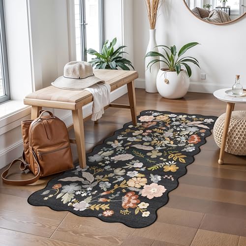 2x4 Rug Washable for Entryway - Non-Slip Scalloped Floral Throw Rug Black | Soft FLoor Carpet for Bathroom Bedroom Ultra-Thin Boho Small Runner Stain Resistant Door Mat for Kitchen Bedside - color: Black, size: 2' x 4' (Rectangular)