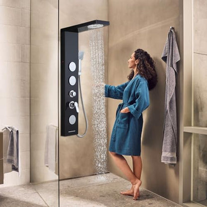ROVOGO Shower Panel Tower System with Led Lights, 5 Shower Modes, 46.5 Inch | Rainfall Mist Shower Head, 3 Body Jets, Handheld, Waterfall Tub Spout, Stainless Steel Shower Column with Mixing Valve, Black - style: 46.5" Black