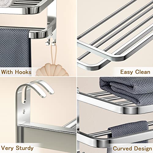 15 Inch Bathroom Towel Rack Towel Shelf with Double Towel Bars Lavatory Wall Mount Holder with Hooks Stainless Steel Hotel Bath Rack - color: Silver 1