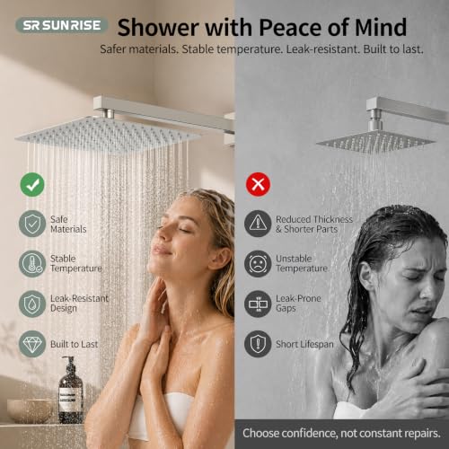 SR SUN RISE 12 Inches Bathroom Luxury Rain Mixer Shower Combo Set Wall Mounted Rainfall Shower Head System Brushed Nickel Finish Shower Faucet Rough-In - color: Brushed Nickel, size: 12 Inch