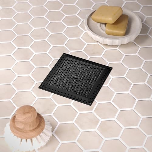 Square Shower Drain Hair Catcher, Drain Cover, Not Moving, 4 inch | 304 Stainless Steel and TPE Material/ Efficient Drainage / Easy Clean / Anti-Clogging / Fits Bathroom Hair Catcher for Shower - color: Matte Black, size: 4 inch