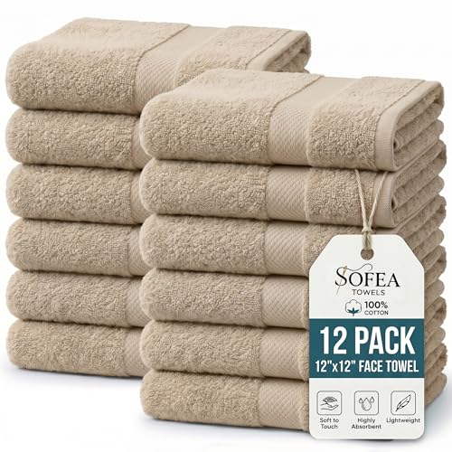 Sofea 100% Cotton Washcloths Set of 12, (12 x 12 Inch) 520 GSM Wash Cloths, Extra Soft Absorbent Quick Dry Face Towels - color: Beige