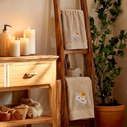 SmoothNovelty 2 Pcs Neutral Boho Floral Hand Towels Light Khaki Bathroom Decor 14x29 Inch Embroidered 100% Cotton Soft Absorbent Spring Summer Decorative Hand Towels for Bathroom Kitchen - style: Neutral Boho Floral
