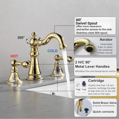 Polished Brass 2-Handle 8 Inch Widespread Bathroom Faucet, 3 Holes | Derengge Traditional Widespread Sink Faucet, With Pop-Up Drain 360° Swivel Stainless Steel Spout, F-8303-PB - color: Polished Brass