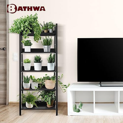 BATHWA 5 Tier Book Shelf, Black Industrial Open Wood and Metal Ladder Bookshelf, 59''H 24''W Wooden Ladder Shelf for Small Places, Living Room, Bedroom - color: Black, size: 1pack-59"H x 23.6"L x 13.8"D