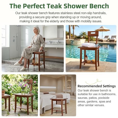Shower Stool with Shelf and Handrails, Solid Water-Resistant Teak Shower Stool, Easy to Assemble, 300 lbs Capacity, 18.5 Inches, Ideal for Seniors, Kids & Those with Mobility Needs