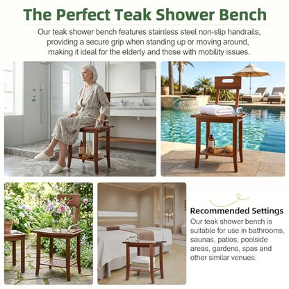 Shower Stool with Shelf and Handrails, Solid Water-Resistant Teak Shower Stool, Easy to Assemble, 300 lbs Capacity, 18.5 Inches, Ideal for Seniors, Kids & Those with Mobility Needs