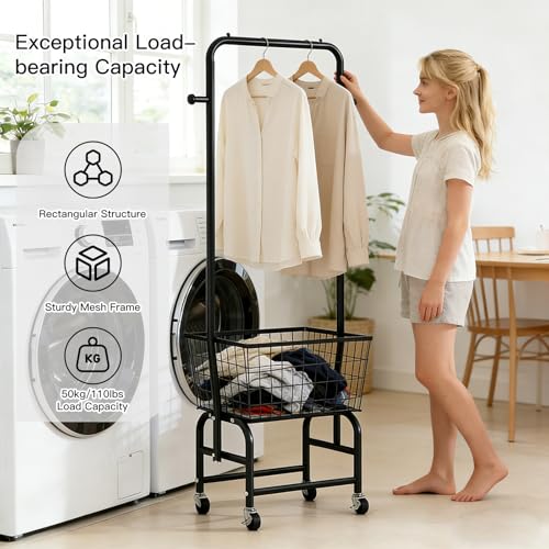 Rolling Laundry Cart with Hanging Rack Metal Laundry Basket with Wheels Laundry Hamper with Storage Basket and Shelf for Laundry Room Organization Black