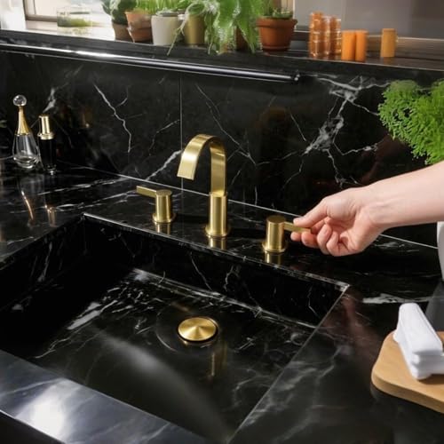 TRUSTMI 8 Inch Widespread Brushed Gold Bathroom Faucet 3 Hole 2 Handle Brass Vanity Sink Faucet with 360 Degree Swivel Spout, Overflow Drain and cUPC Waterlines - color: Brushed Gold