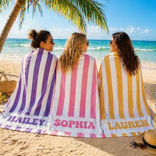 Personalized Striped Beach Towel with Custom Name, Quick Dry Microfiber Towel for Kids & Adults, Soft Pool & Swim Gift