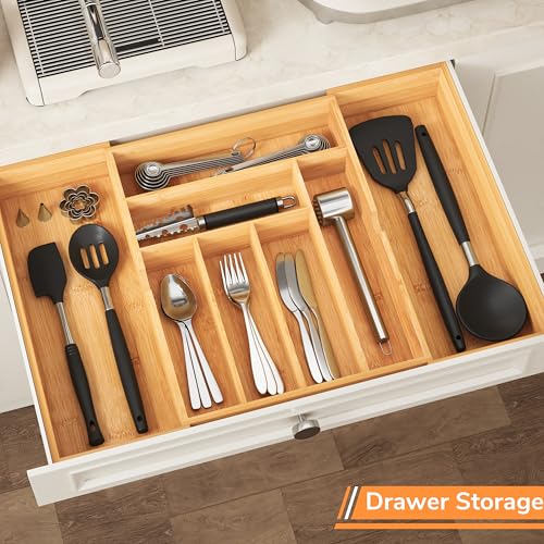 BAMEOS 3" Deepth Expandable Drawer Organizer, Deep Flatware Organizer, Adjustable Silverware Organizer, Bamboo Drawer Organizer for Kitchen, Bathroom (Natural) - size: 3''H 22X16