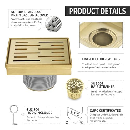 Square Shower Drain 4 inch, Brushed Gold 304 Stainless Steel Floor Drain for Bathroom, Removable Tile Insert Grate Includes Hair Strainer - color: Brushed Gold