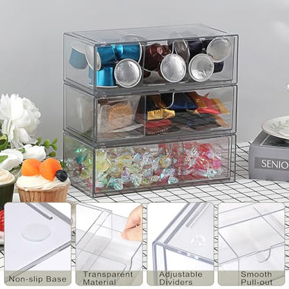 Acrylic Pencil Drawer with Removable Dividers Clear Pull Out Pen Drawer Organizer Stackable Bathroom Organizer for Makeup, Cosmetics, Office Supplies,3 Pack