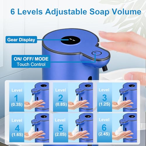 OHIFAST Automatic Foaming Soap Dispenser Touchless, USB Rechargeable Smart Hand Soap Dispenser, 6-Level Adjustable, 12.8oz/380mL Wall Mounted for Bathroom Kitchen Dish Soap-Blue - color: Blue, style: Foam