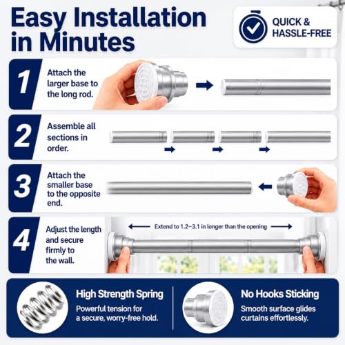 Adjustable Shower Curtain Rod - Rust Free Shower Rods 26-78 Inches | Extendable No Drill Curtain Rod, Heavy Duty Tension Rod for Hanging Home, Bedroom, Closet & Showers Curtains - color: Silver