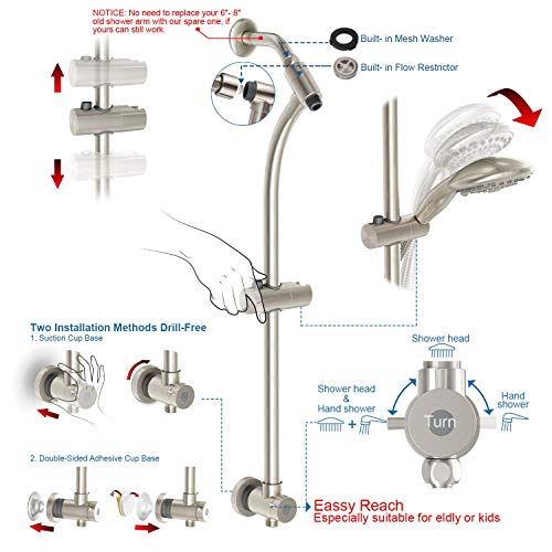 Handheld Showerhead & Rain Shower Combo for Easy Reach, 27.5" Drill-free Stainless Steel Slide Bar, 5”of 5-setting Handheld Shower and Showerhead, with 5ft Hose -Brush Nickel - color: Brush Nickel