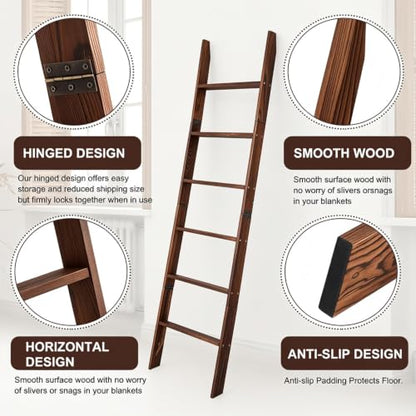 Blanket Ladder for Living Room and Bedroom,6-Tier Decorative Display Ladder Shelf,Ladder Rack for Storage and Decor,Wall Leaning Farmhouse Blanket Storage,Towel Rack, Bathroom,Brown